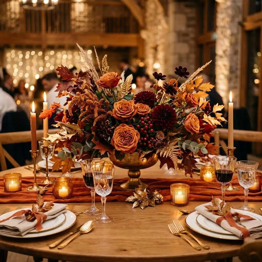 A warm autumn centerpiece in orange, terracotta, and burgundy tones