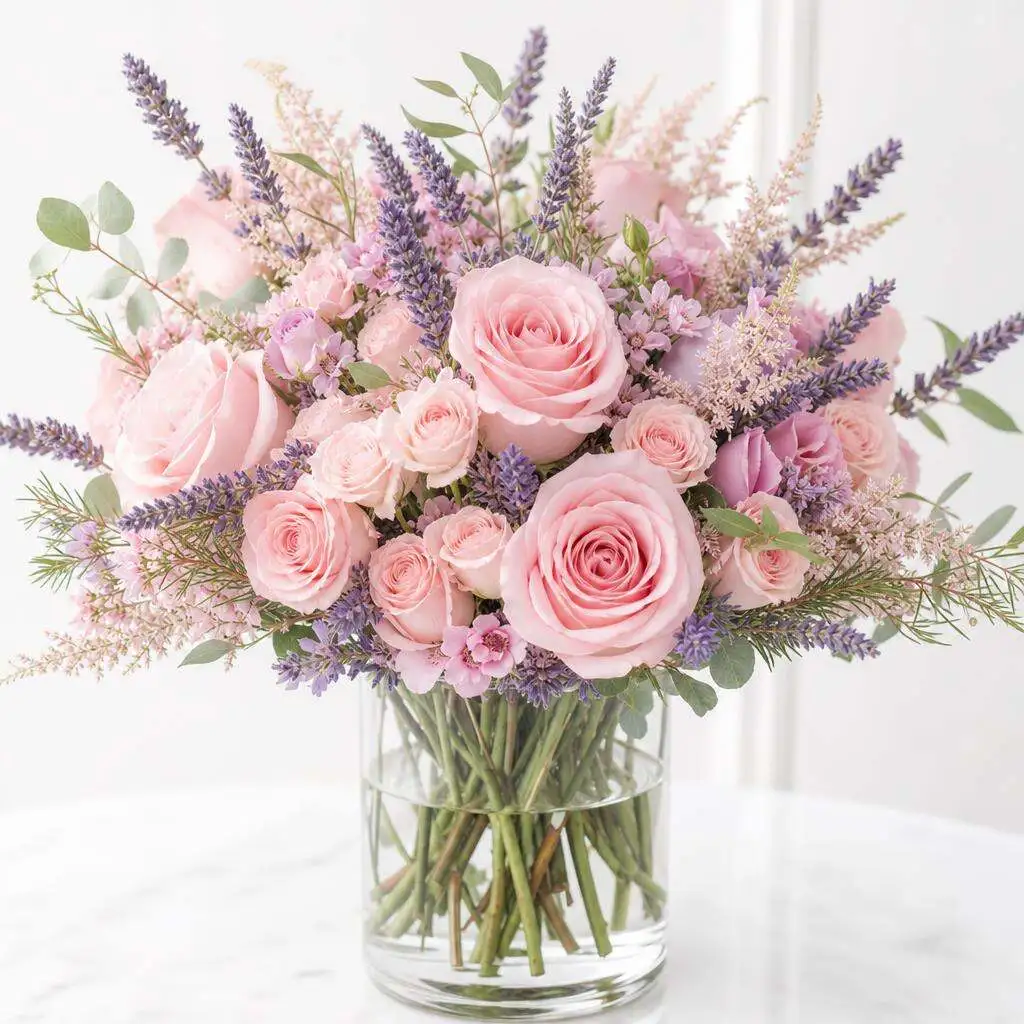 Soft pastel pink and blush roses with lavender sprigs in a clear glass vase