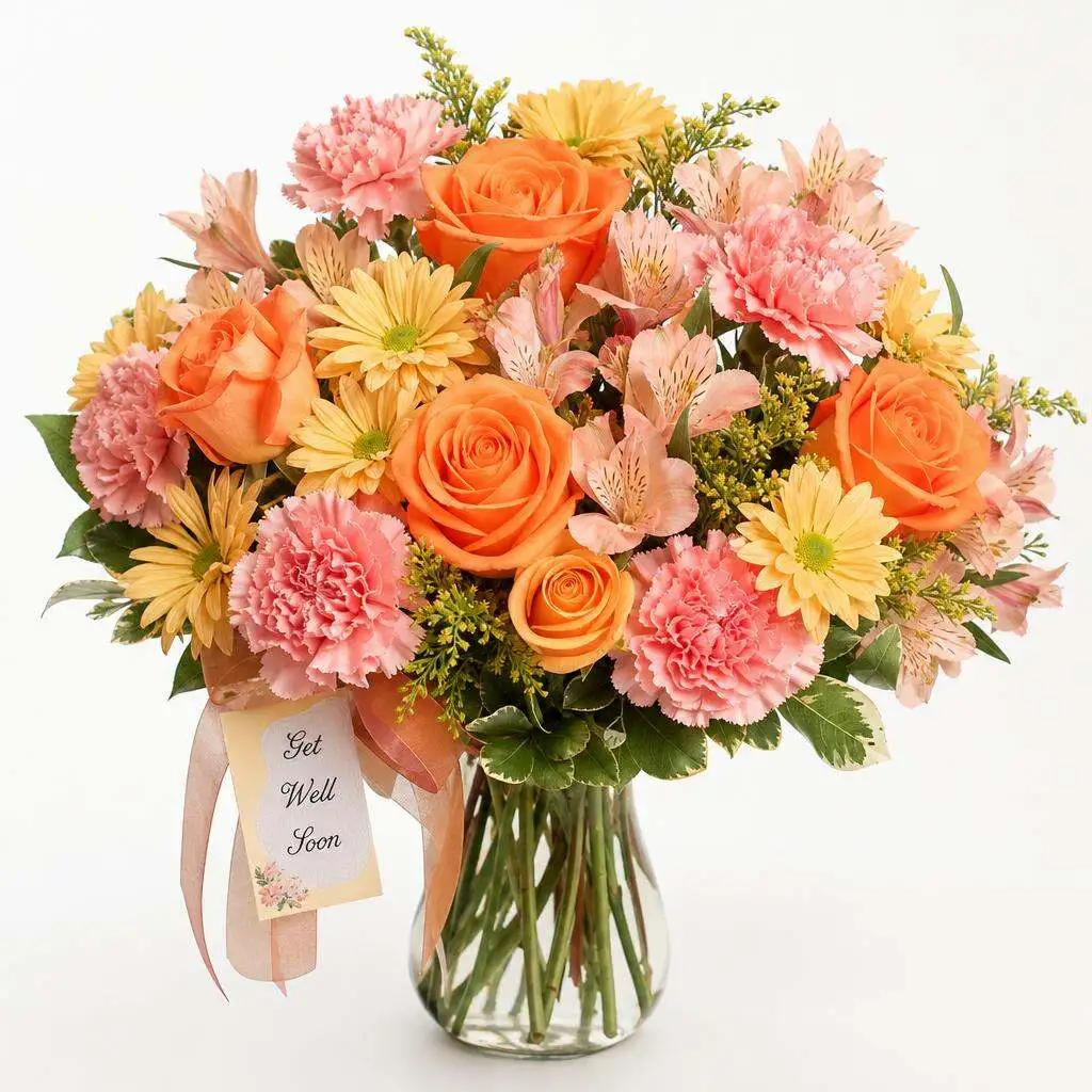 Warm get-well arrangement with orange roses, peach alstroemeria, and pink carnations in creamsicle tones