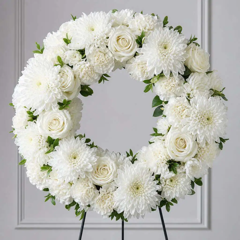 Elegant all-white circular sympathy wreath with chrysanthemums, carnations, and roses