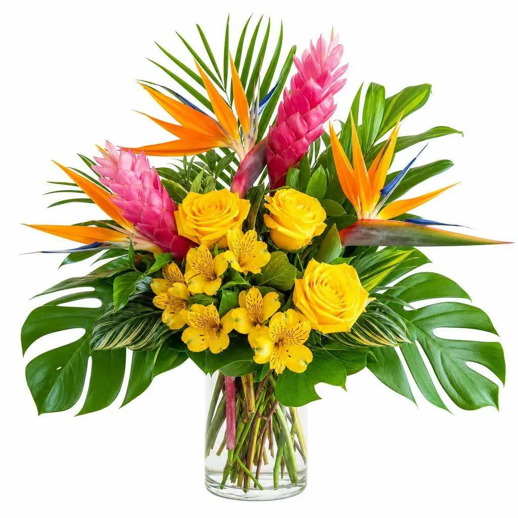 Vibrant tropical arrangement with yellow roses, orange bird of paradise, and pink ginger