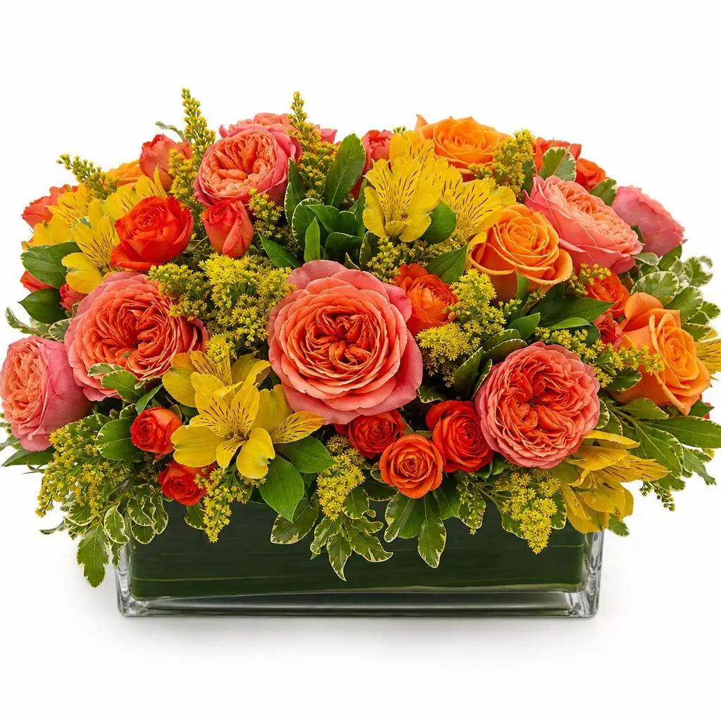 Dense coral and orange rose centerpiece with yellow alstroemeria and goldenrod filler