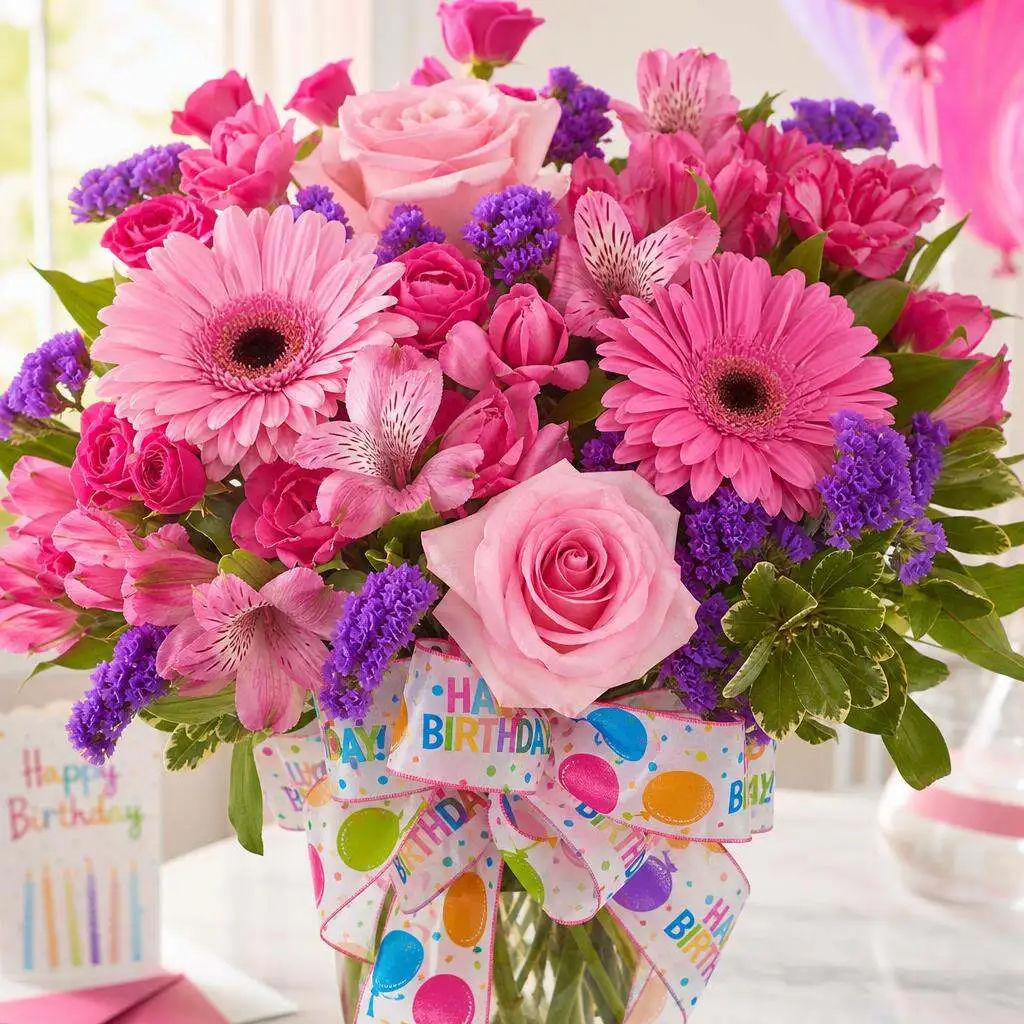 Pink birthday arrangement by Bentley Florist
