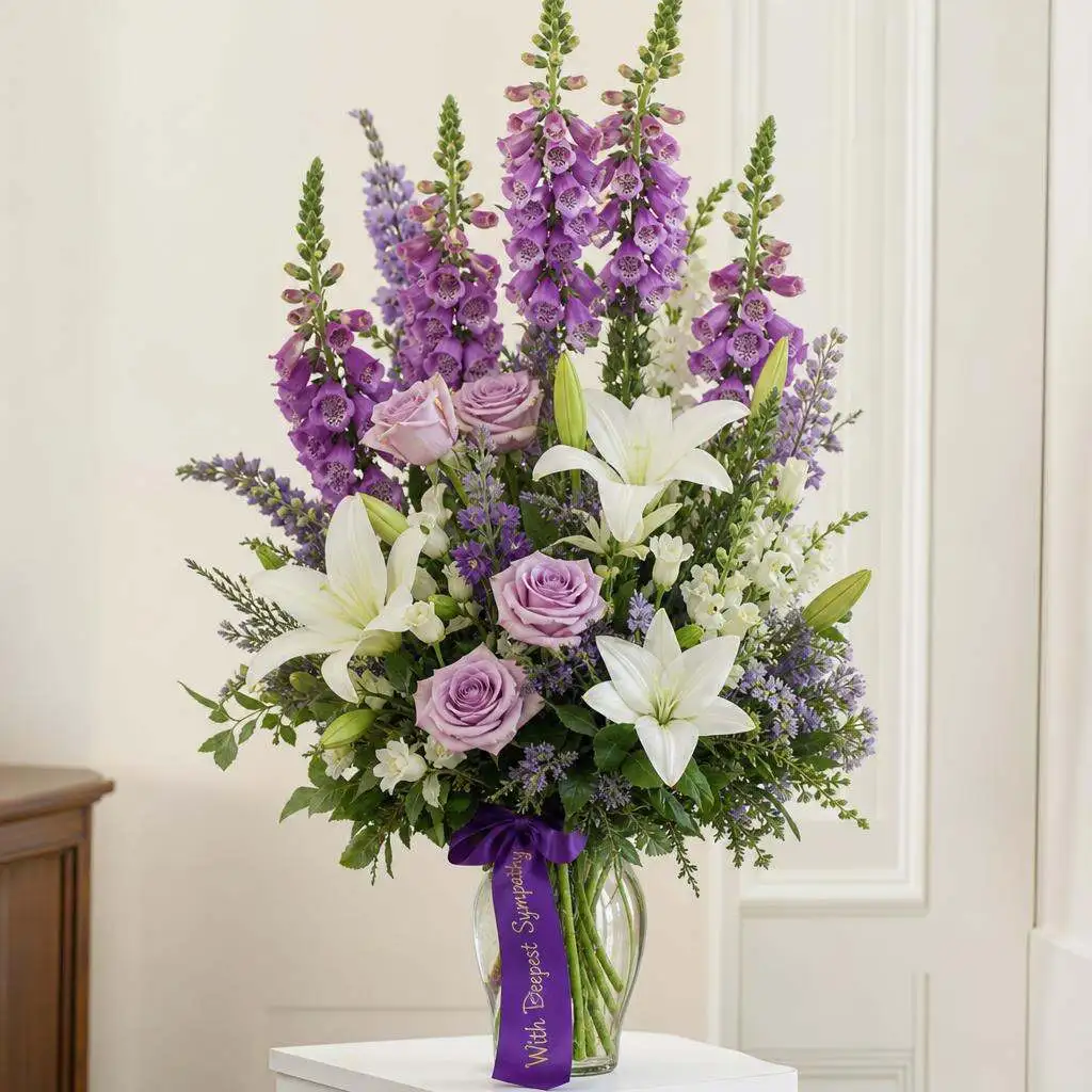 Purple foxglove arrangement by Bentley Florist