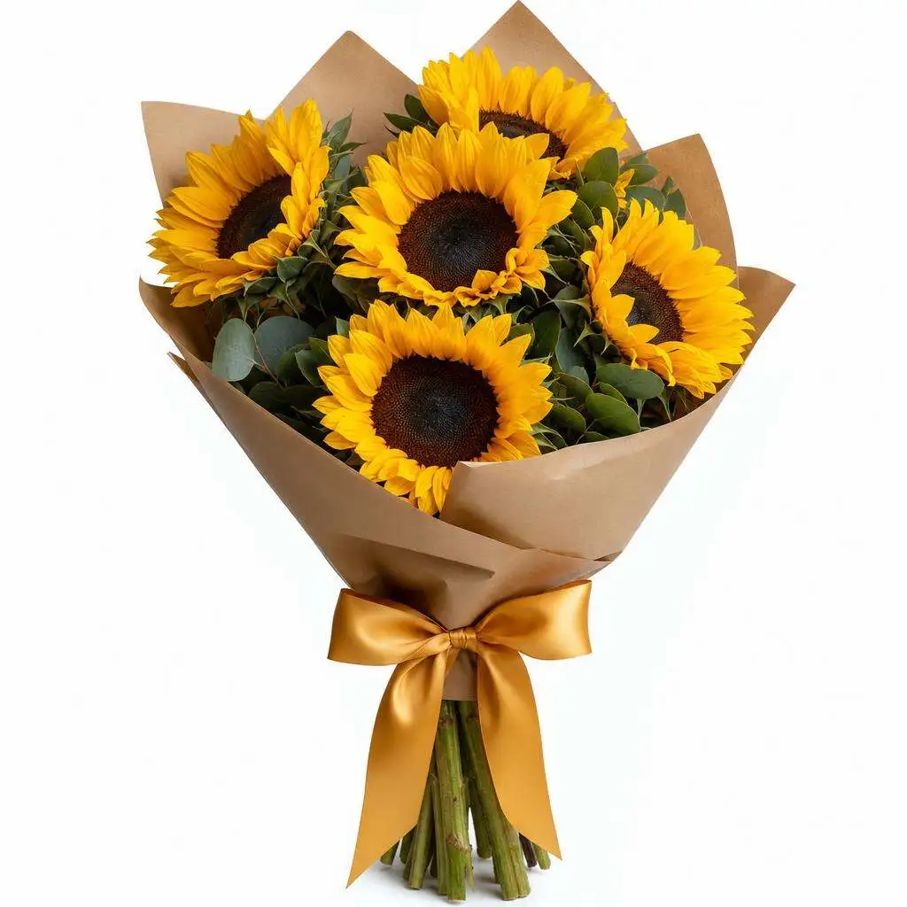Tall wrapped sunflower bouquet with big golden sunflowers tied with a satin ribbon bow
