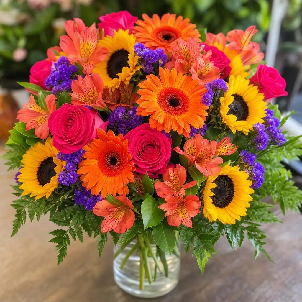 Mixed summer flowers arranged by Bentley Florist