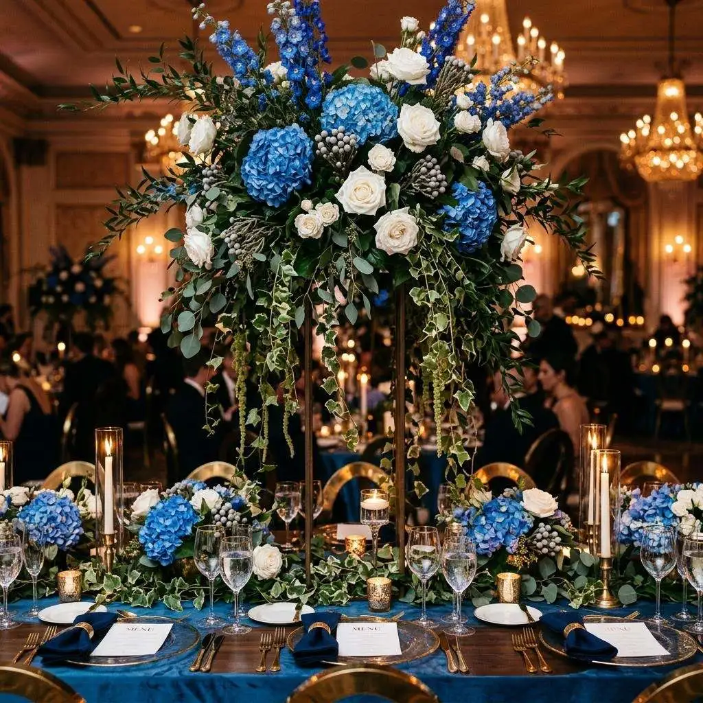 Dramatic tall reception centerpiece with cerulean blue hydrangeas and white roses