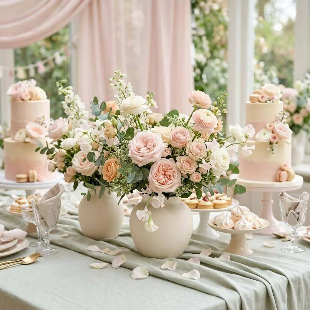 Soft pastel baby shower centerpiece with garden roses and ranunculus