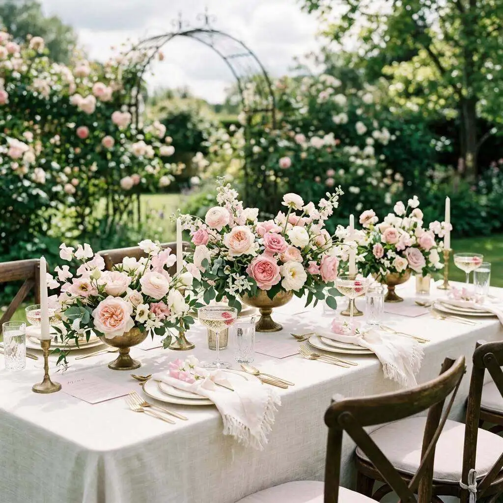 Blush garden roses and sweet peas styled for an elegant bridal shower table