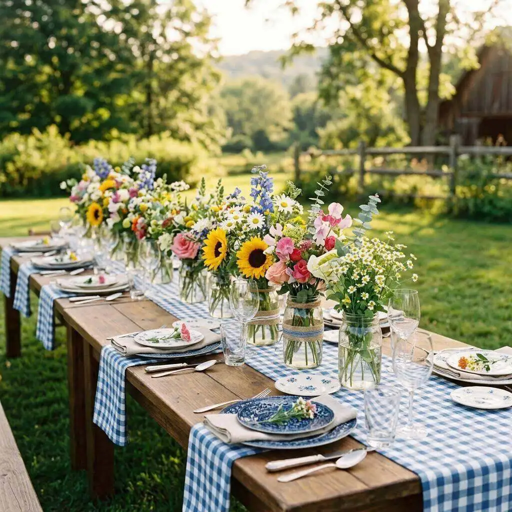 Long family gathering table with cheerful mixed summer flowers in mason jars