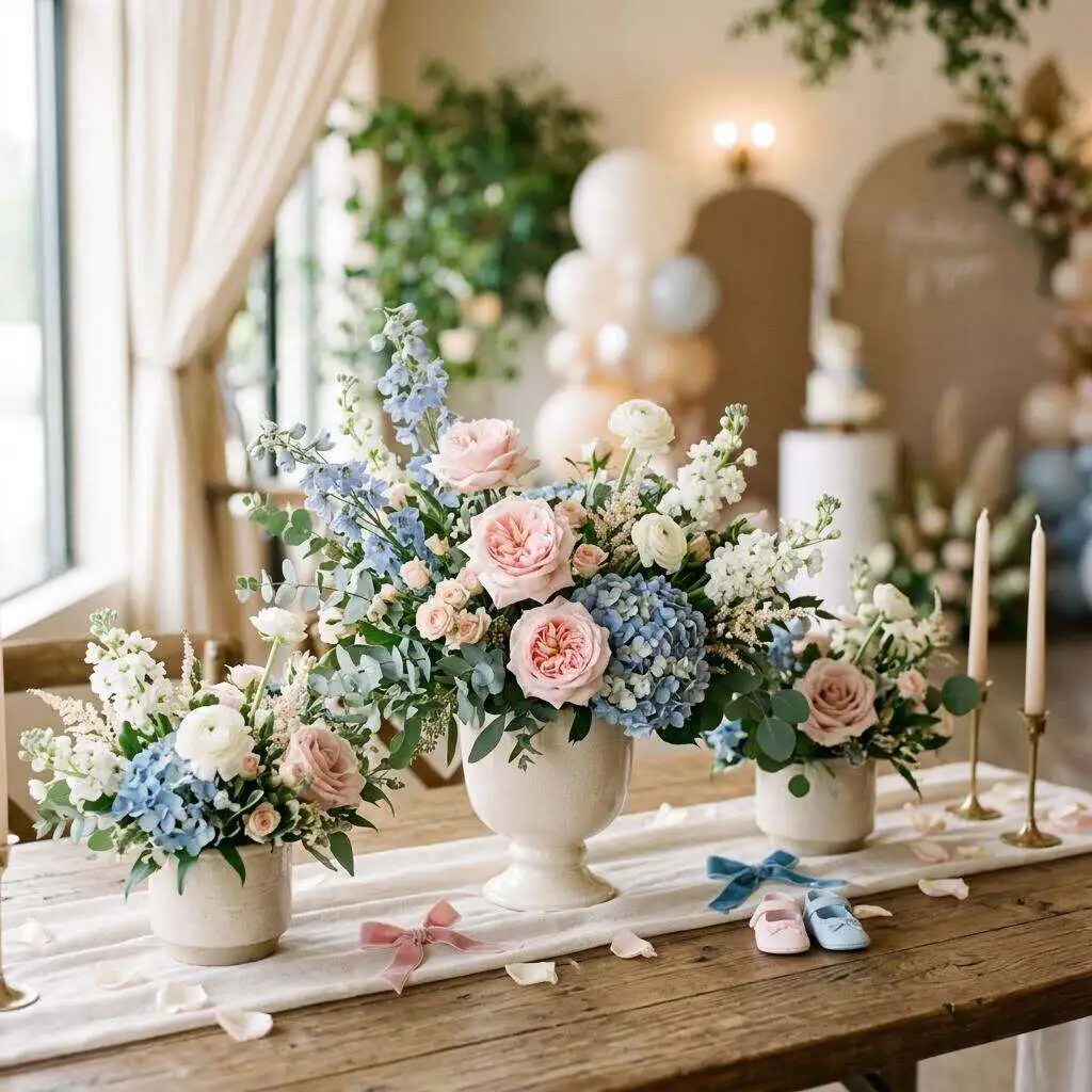 Gender reveal party flowers mixing soft pink and blue blooms in neutral vases