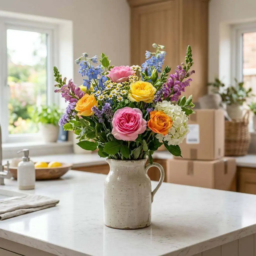 Housewarming flowers in a bright new kitchen with moving boxes nearby