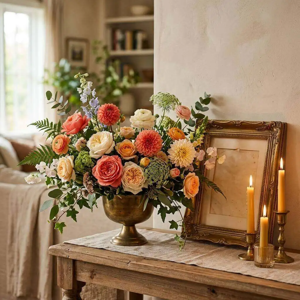 Warm, colorful celebration of life flowers surrounding a framed photo