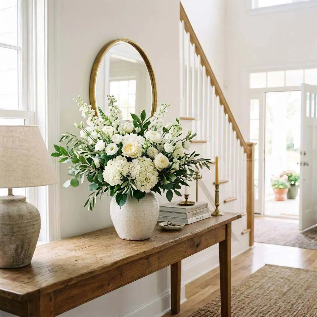 Fresh open house flowers on an entry table with soft natural light