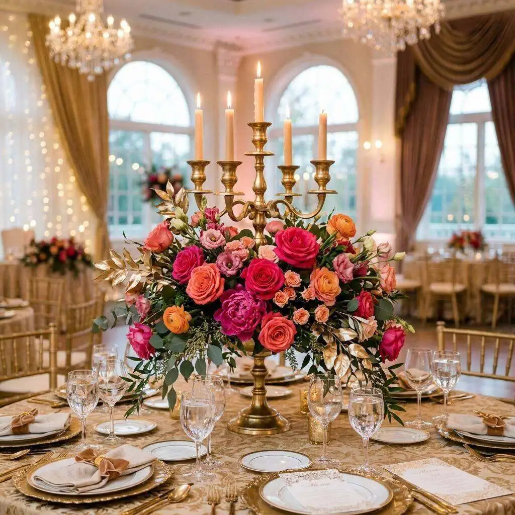 Vibrant quinceañera celebration flowers in rich pinks and golds with roses