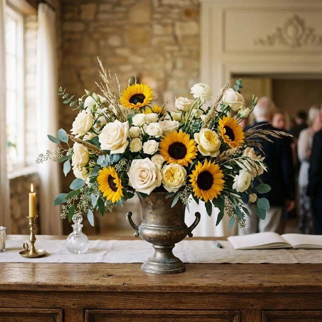 Elegant retirement celebration arrangement in warm golds and greens