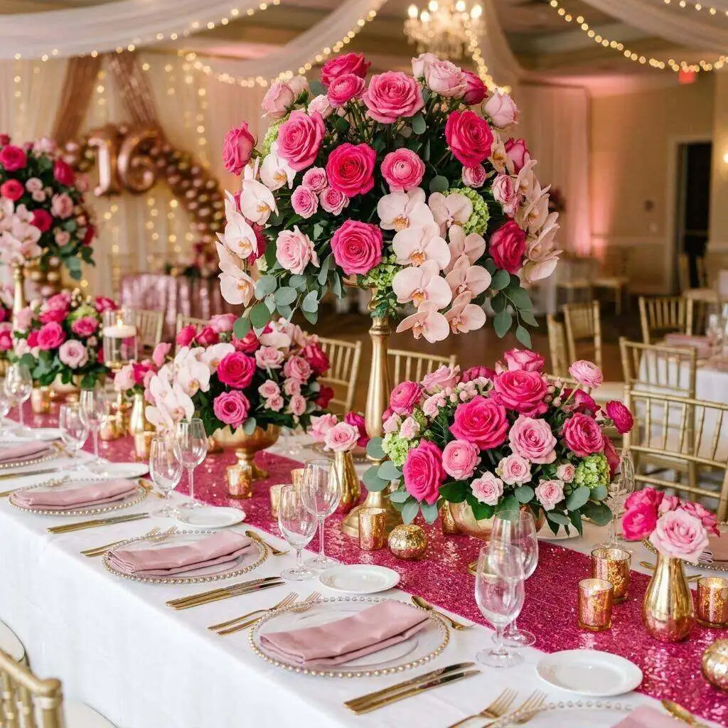 Glamorous pink and gold Sweet 16 party flowers with roses and orchids