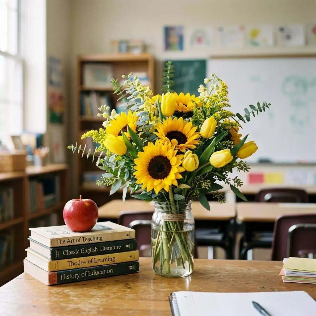 Cheerful teacher appreciation bouquet of tulips and sunflowers on a classroom desk