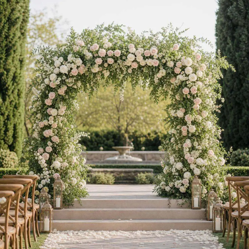 Elegant floral ceremony arch styled for a formal historic theater wedding