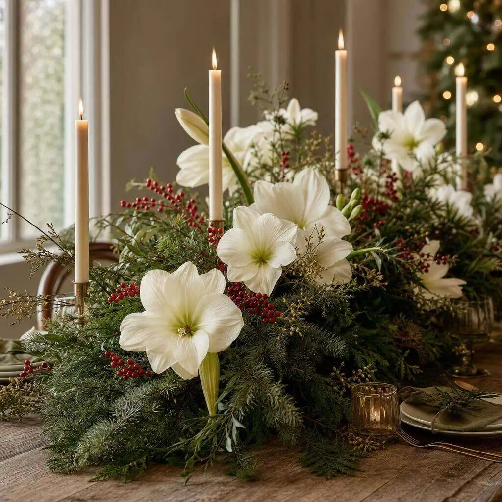 Christmas centerpiece with evergreens, red roses, and candlelight