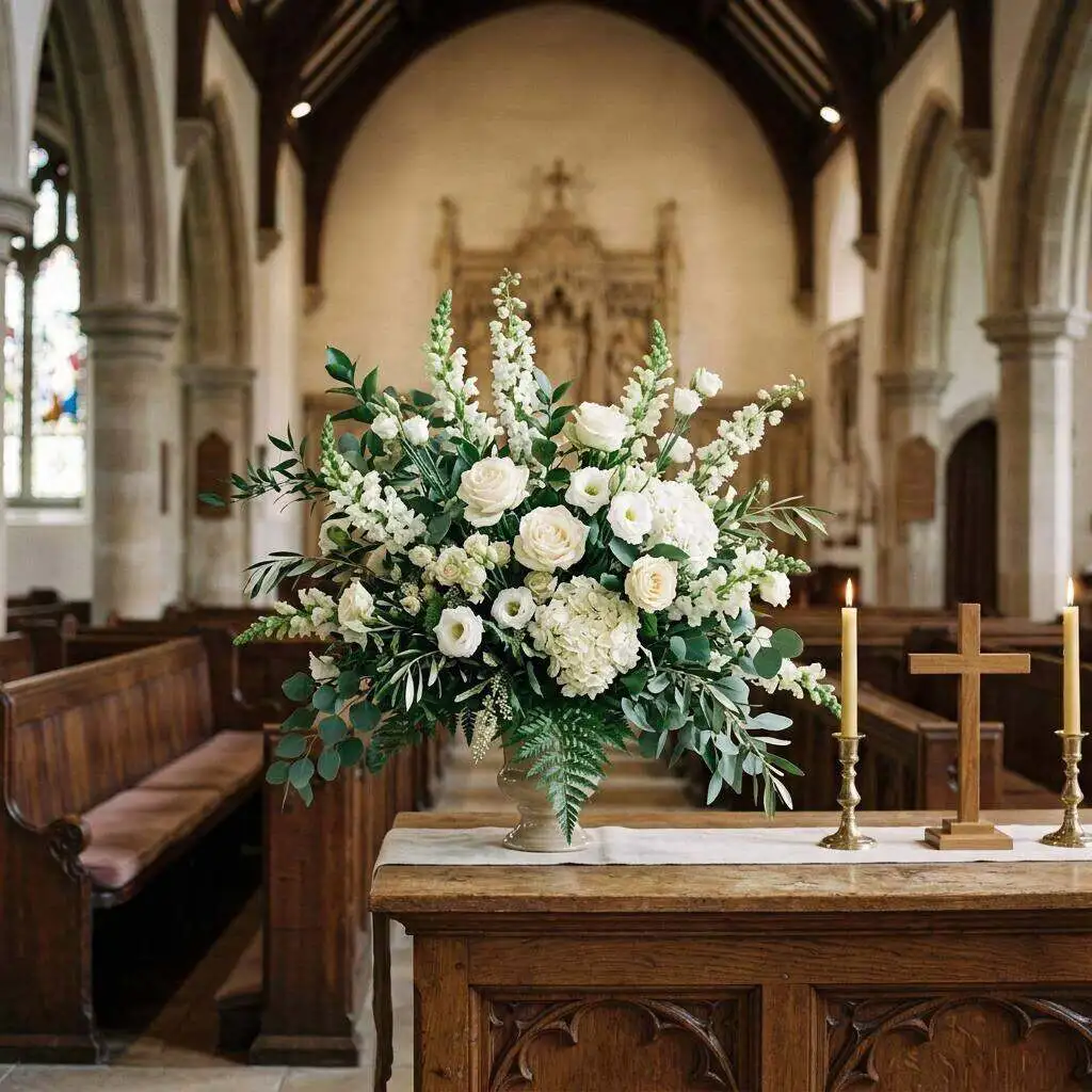 White altar arrangement in soft church light