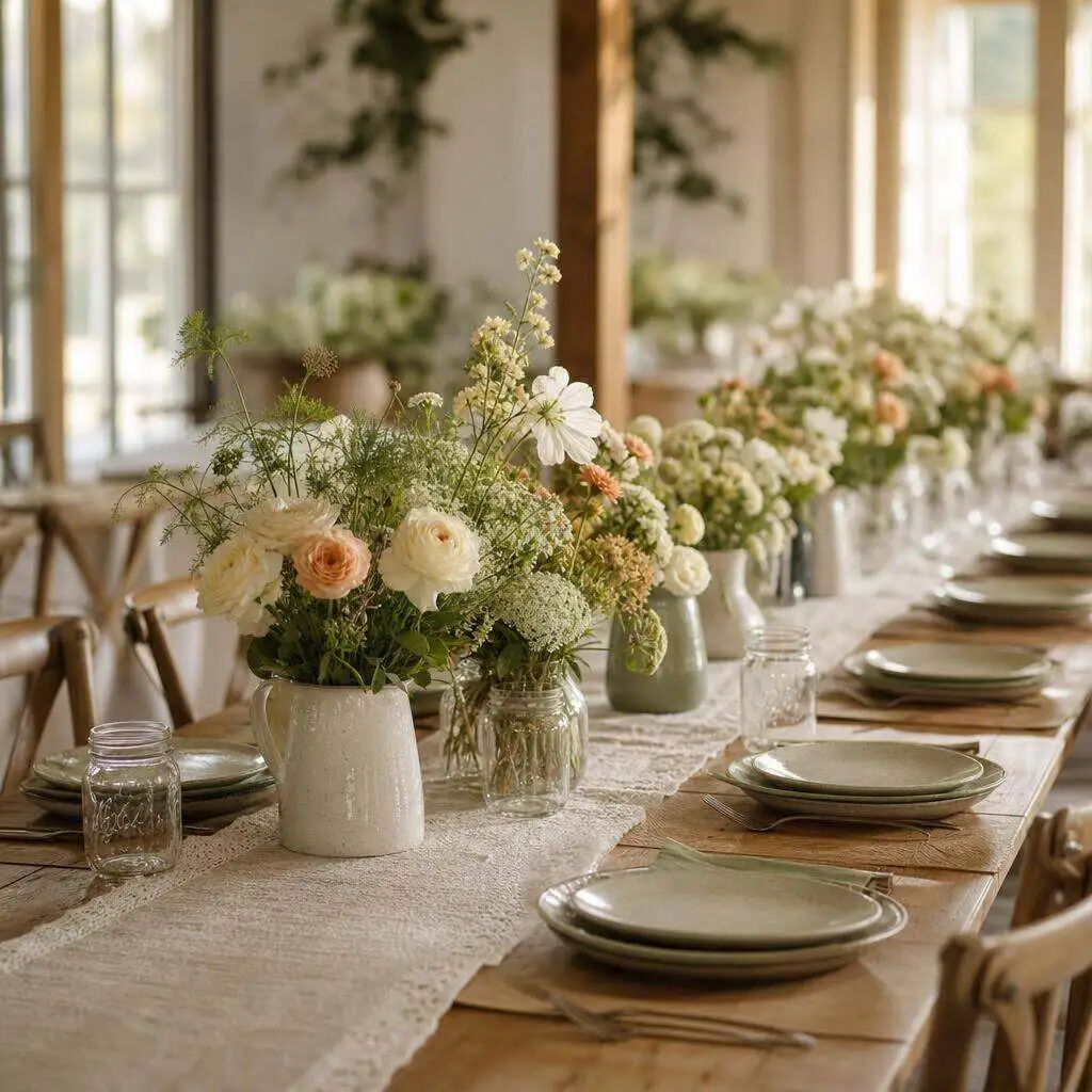 Long gathering table lined with mason jar flower arrangements