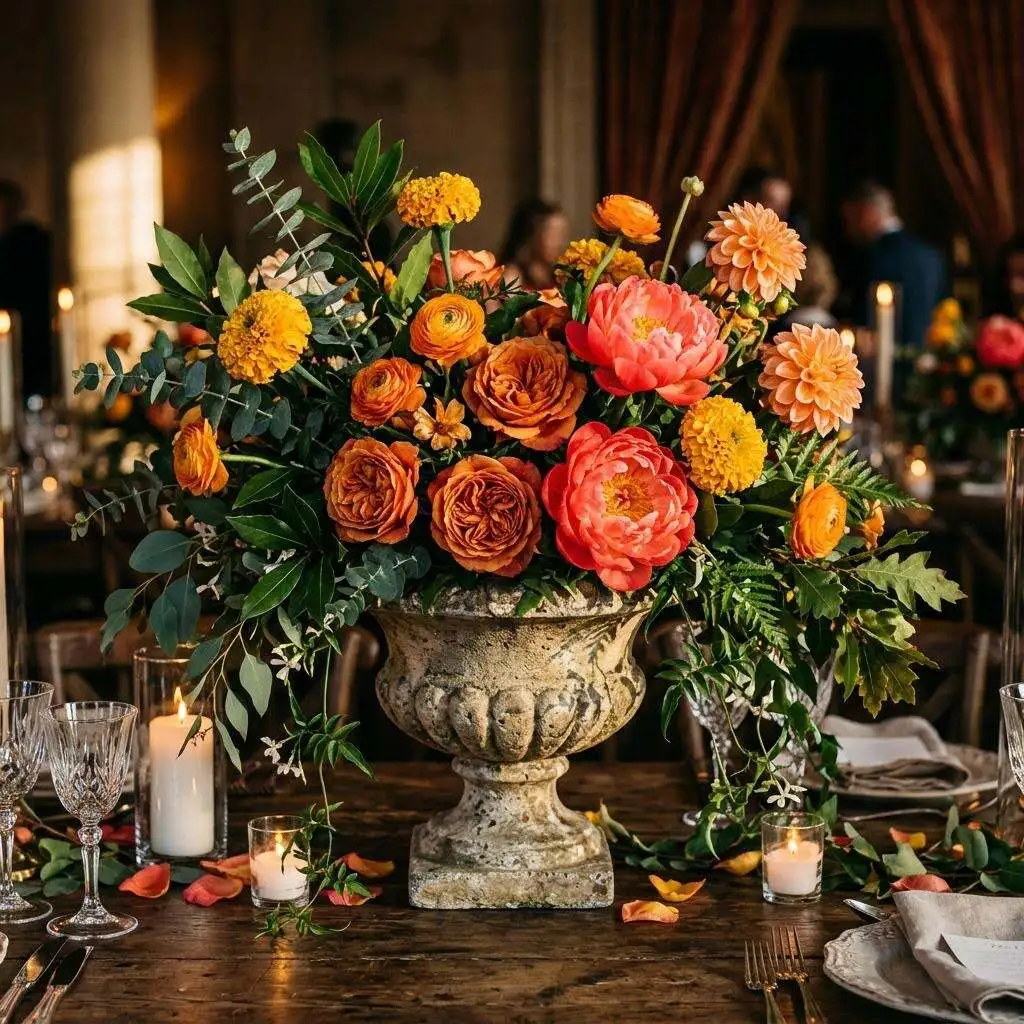 Coral and orange centerpiece bringing saturated warmth to a guest table