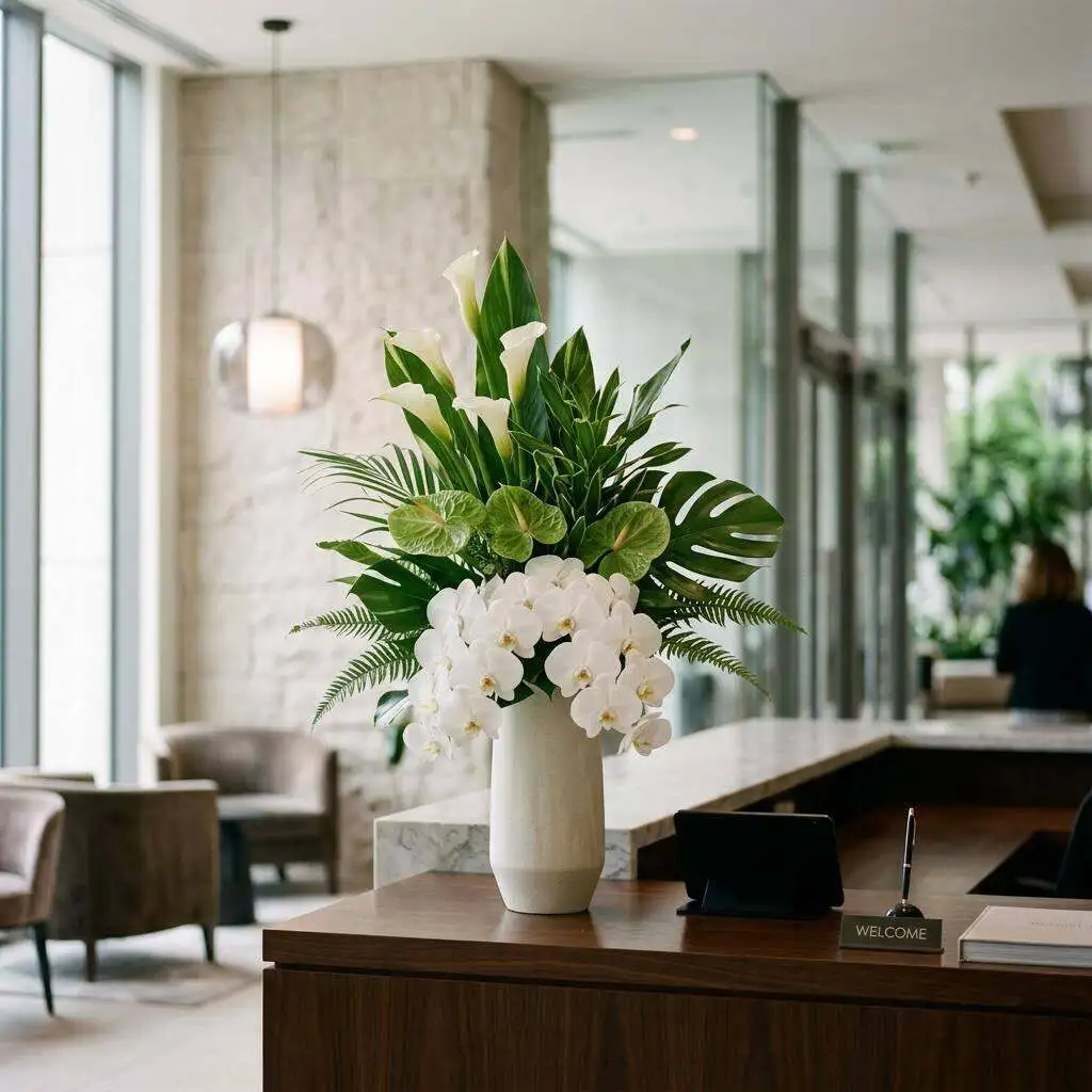Modern corporate event arrangement in a polished lobby setting