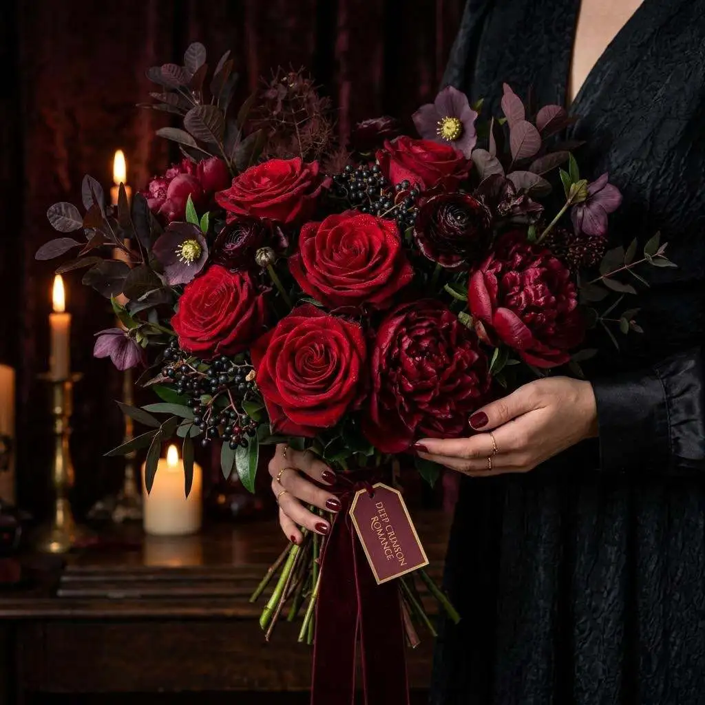 Crimson romance roses with velvety red and burgundy blooms