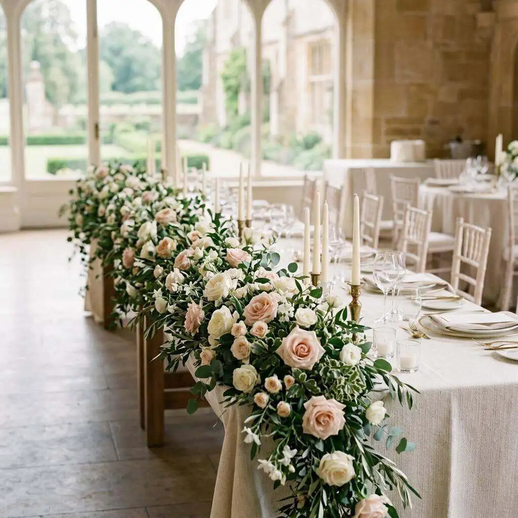 Blush and ivory rose garland running down an elegant head table