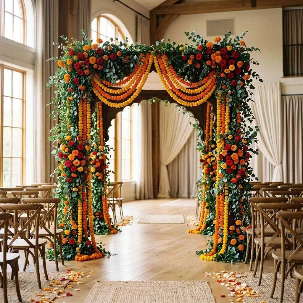 Wedding arch layered with lush flower garlands in warm celebratory colors