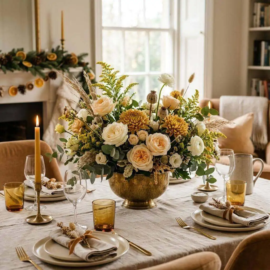 Warm gold and cream arrangement of roses and chrysanthemums in a brass bowl
