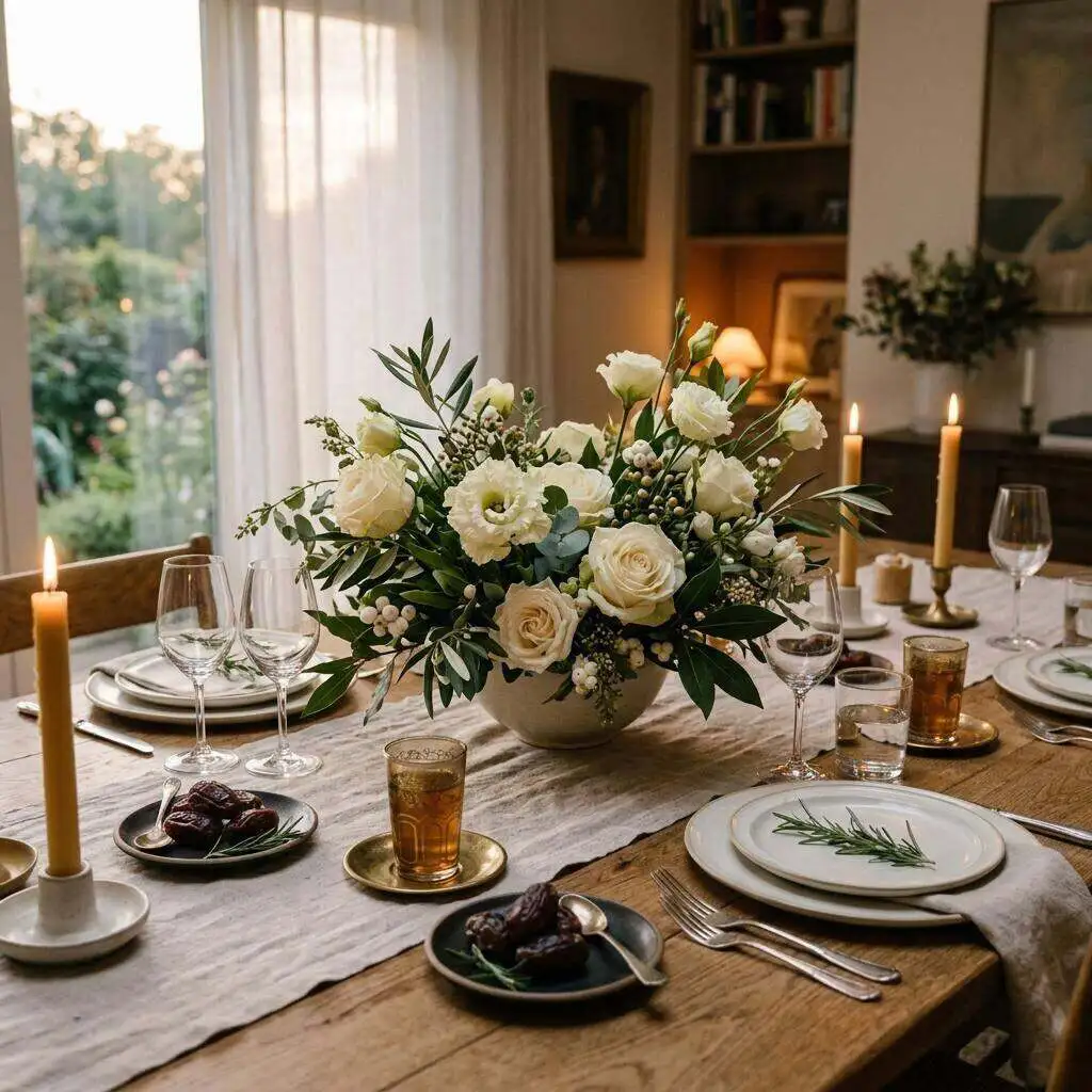 Low ivory rose arrangement on a set dining table with tea glasses and dates