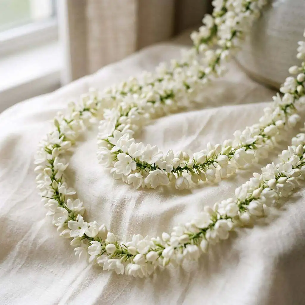 Delicate strands of white jasmine blossoms draped on ivory silk