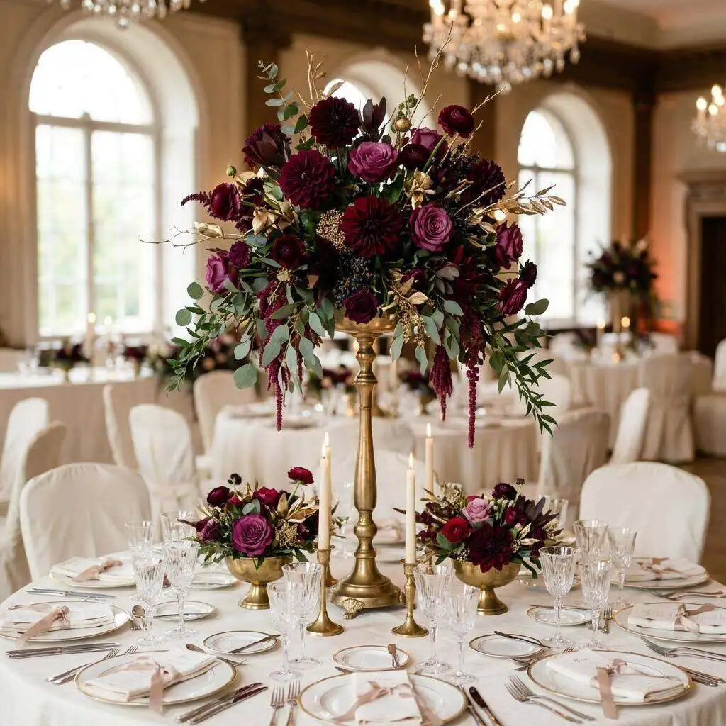 Tall centerpiece of burgundy dahlias and plum roses in rich jewel tones