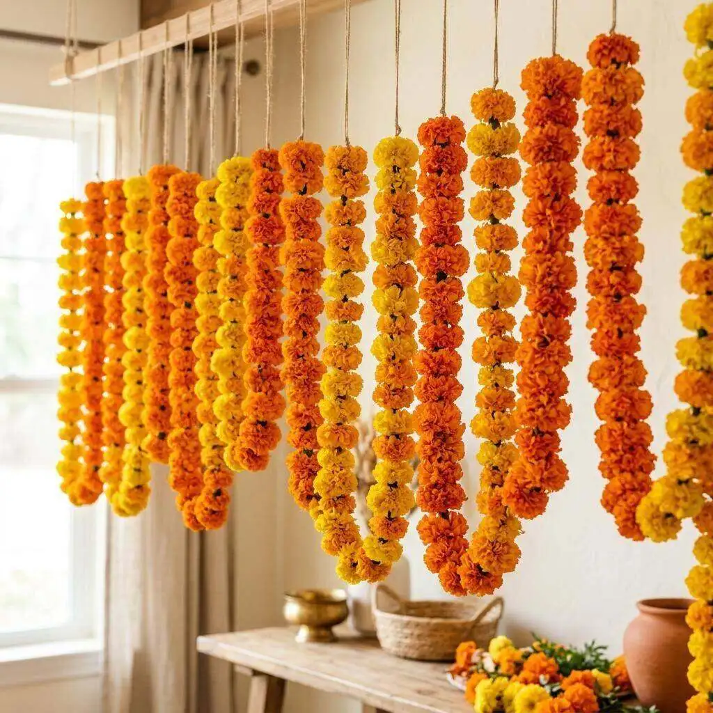 Vibrant strings of orange and yellow marigold garlands
