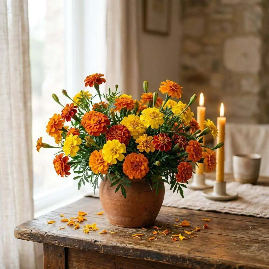 Warm arrangement of orange marigolds in a clay vessel with scattered petals