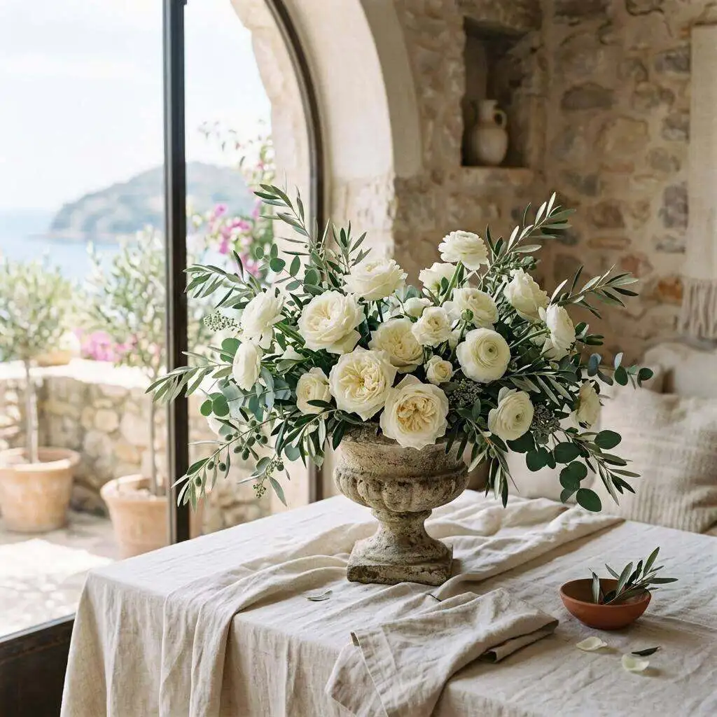 White garden roses and ranunculus arranged with olive branches in a stone urn