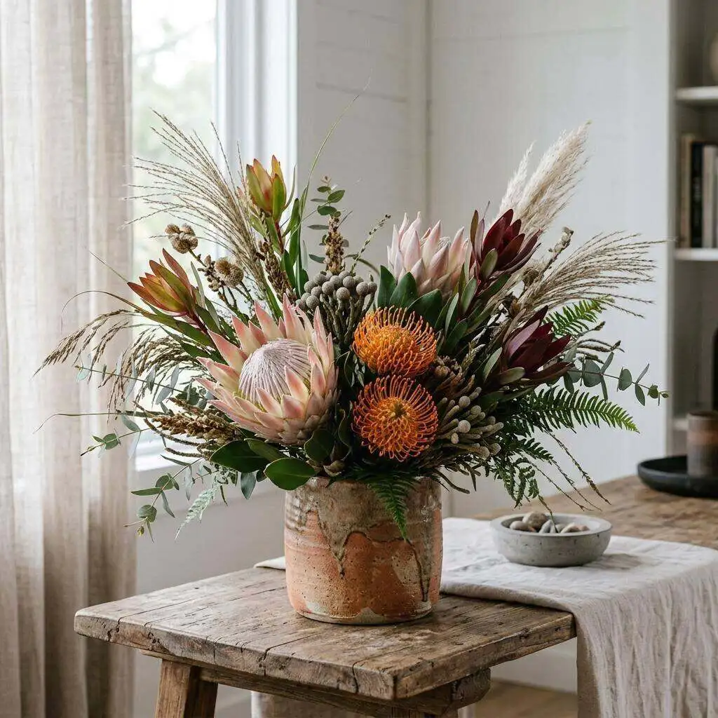 Bold arrangement of king protea and textural blooms in an earthy vessel