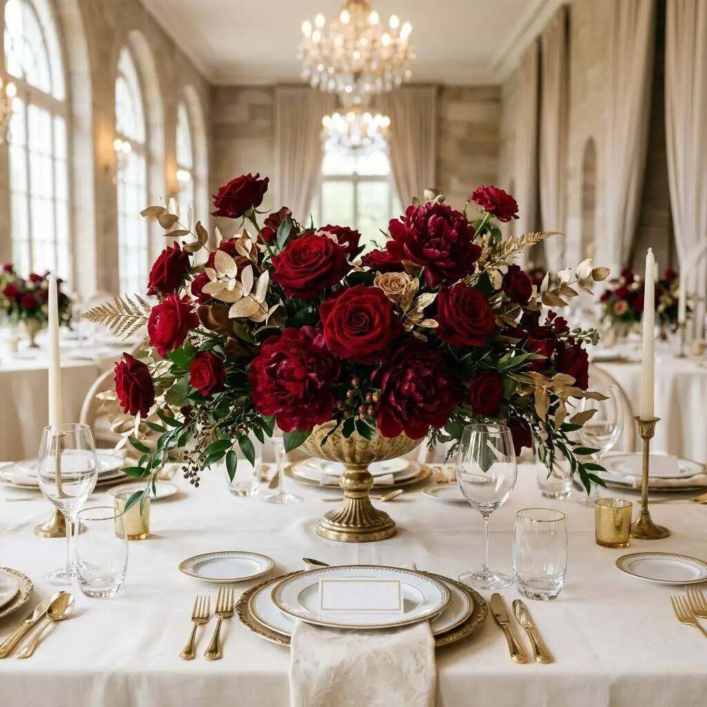 Deep red roses and peonies with gold-toned foliage on a banquet table