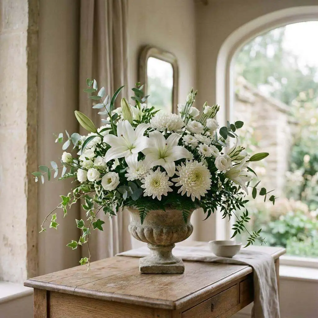 Serene white lilies and chrysanthemums in a classic urn