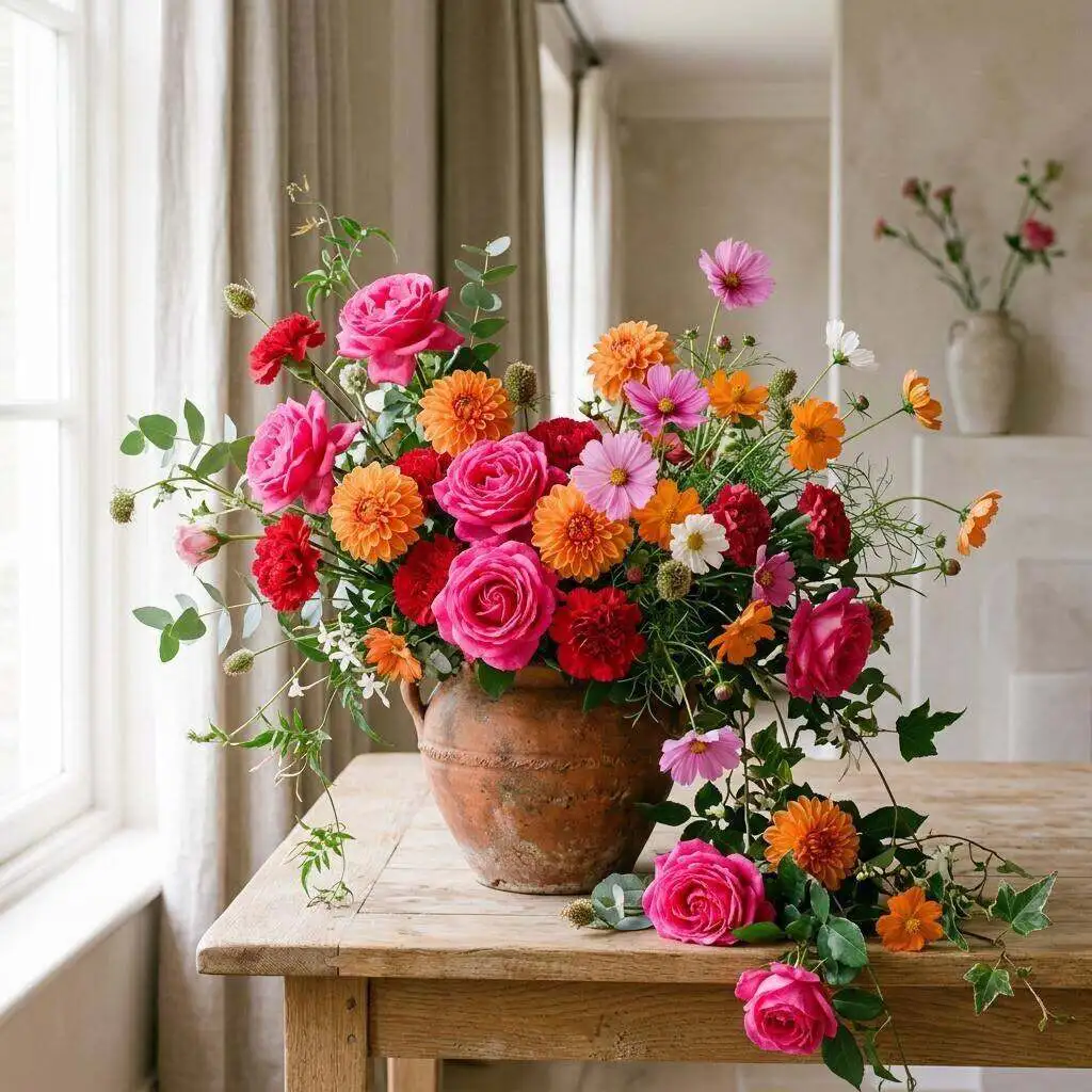 Vivid arrangement of pink roses, orange dahlias, and cosmos in terracotta