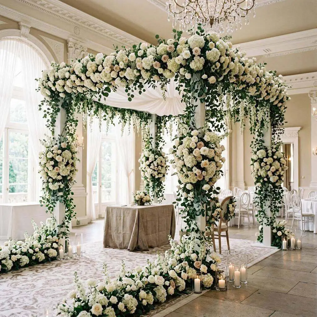 Four-post canopy draped with white hydrangeas, roses, and greenery