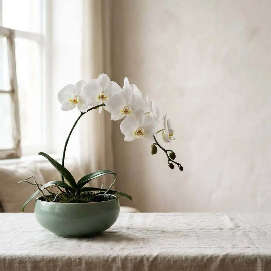 White phalaenopsis orchids in a low celadon bowl