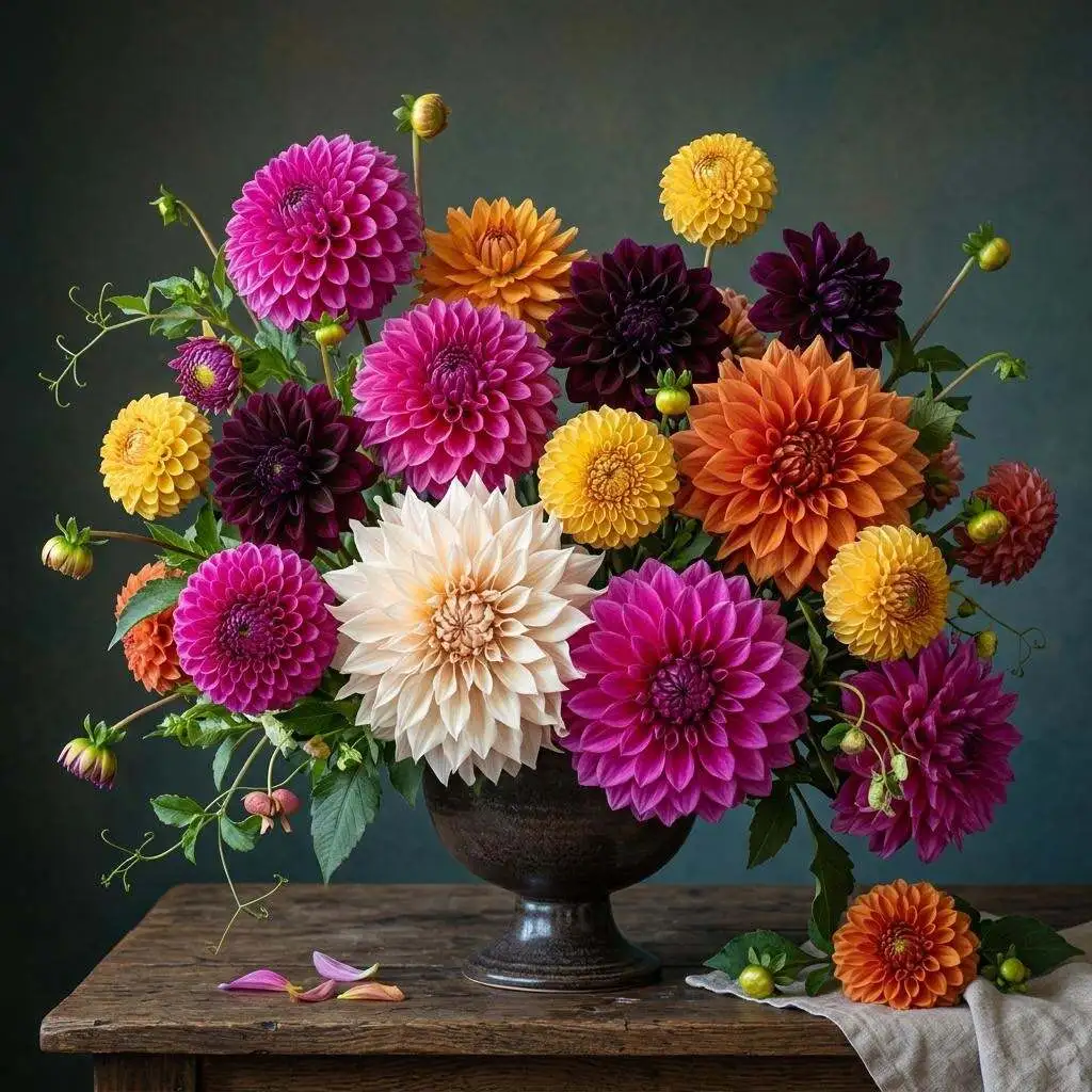 Late-summer dahlias in saturated pinks, reds, and oranges at their Michigan peak