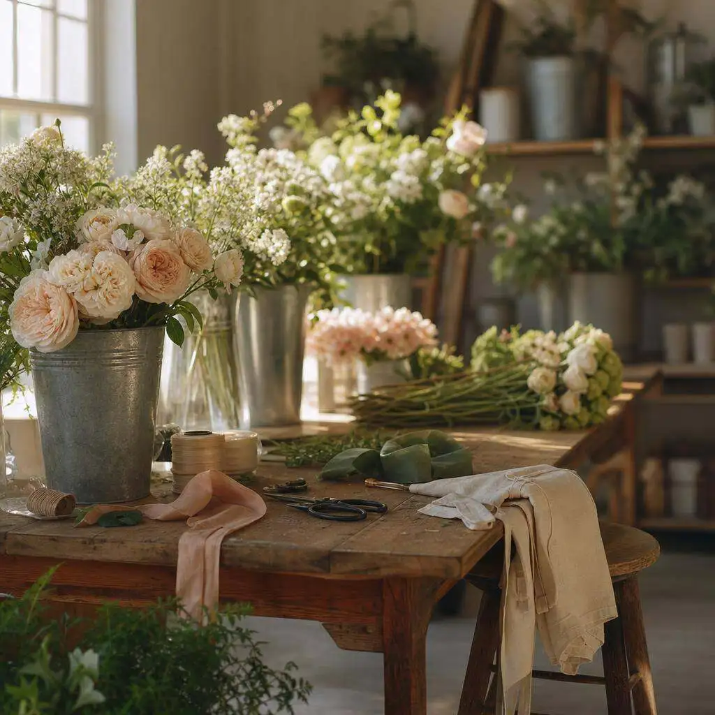Florist studio worktable with shears, ribbon, and buckets of stems