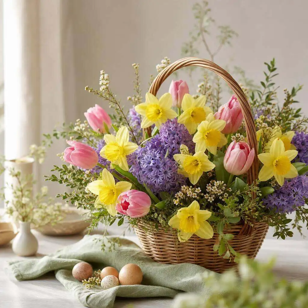 Fresh Easter arrangement of tulips, lilies, and pastel spring blooms