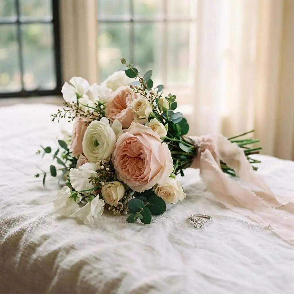 Engagement ring resting beside a soft bouquet of blush garden roses