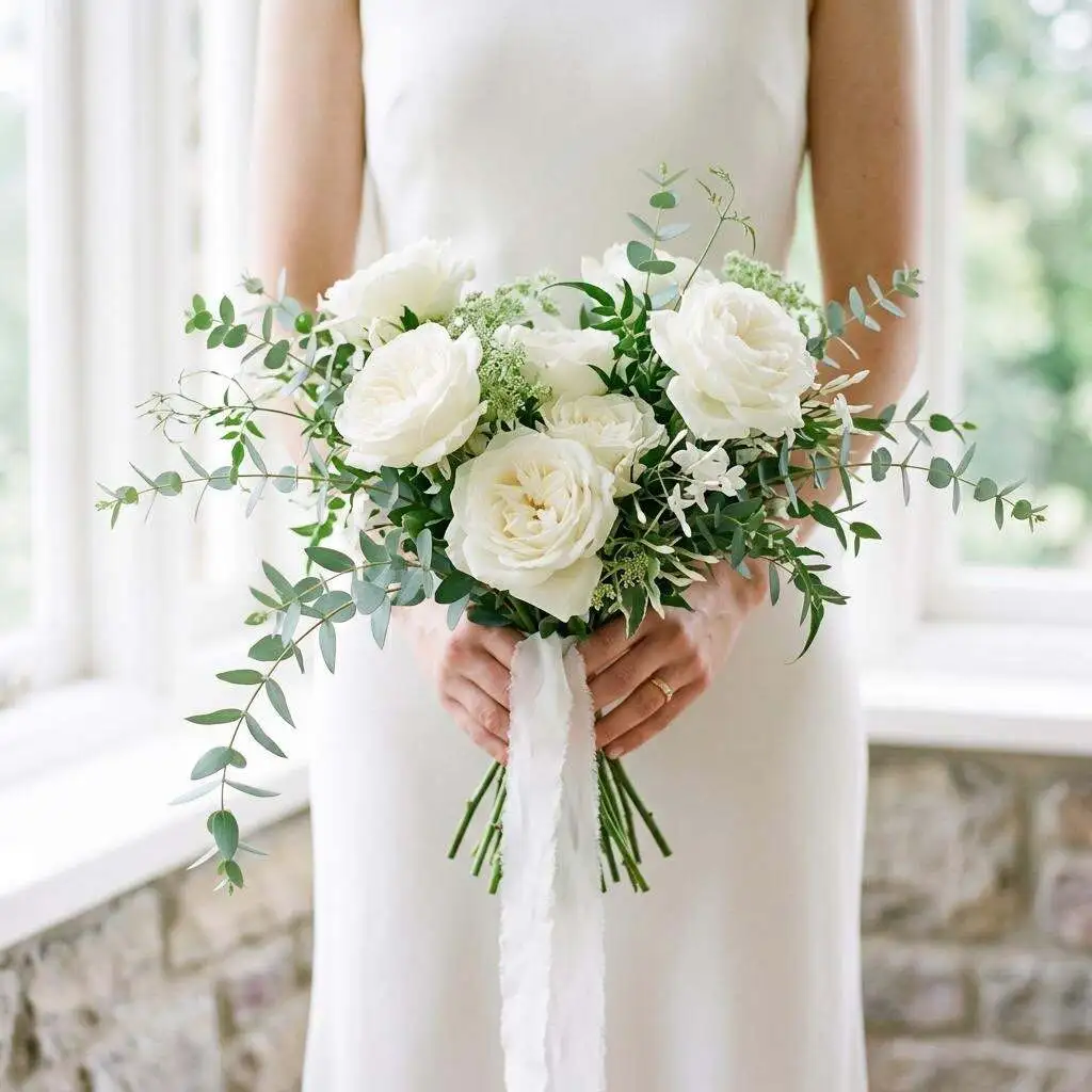 Minimalist bridal bouquet with white roses and trailing eucalyptus