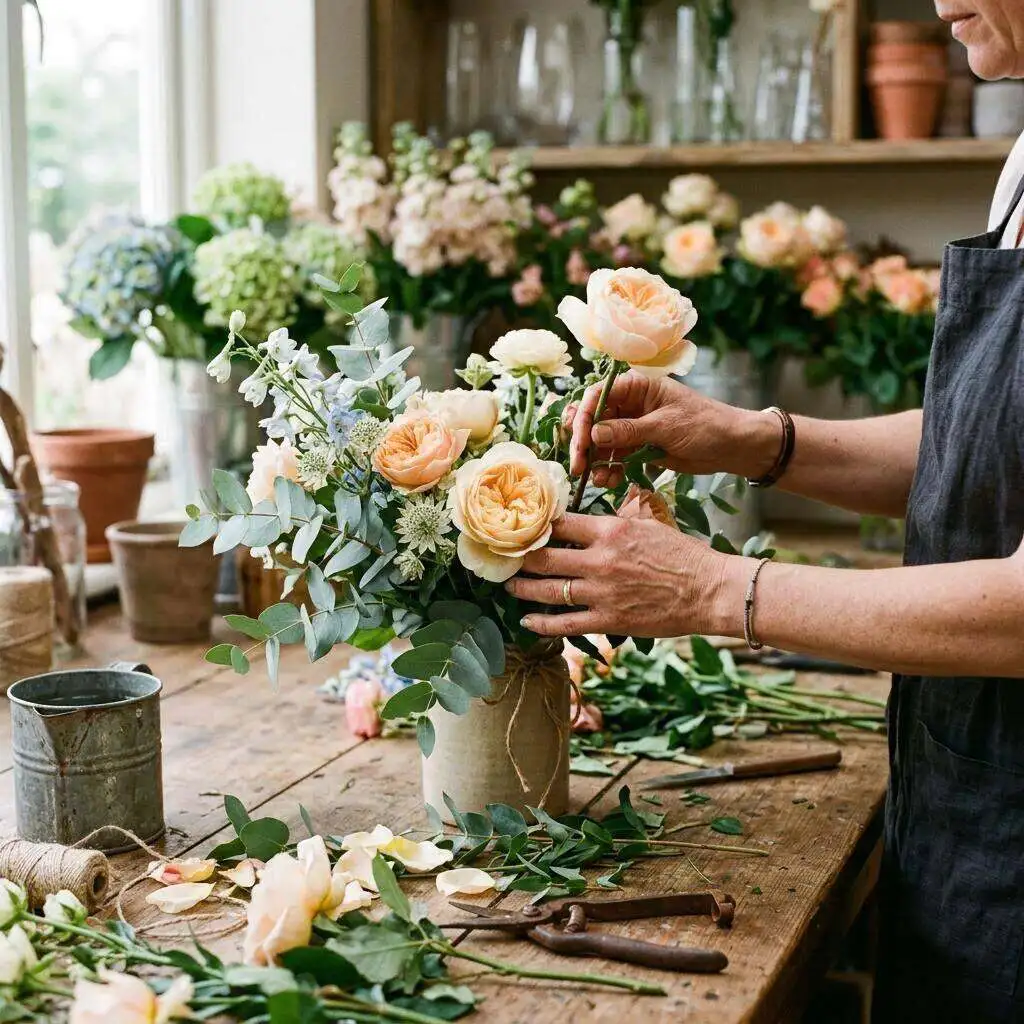 Florist hands arranging fresh stems at the design bench